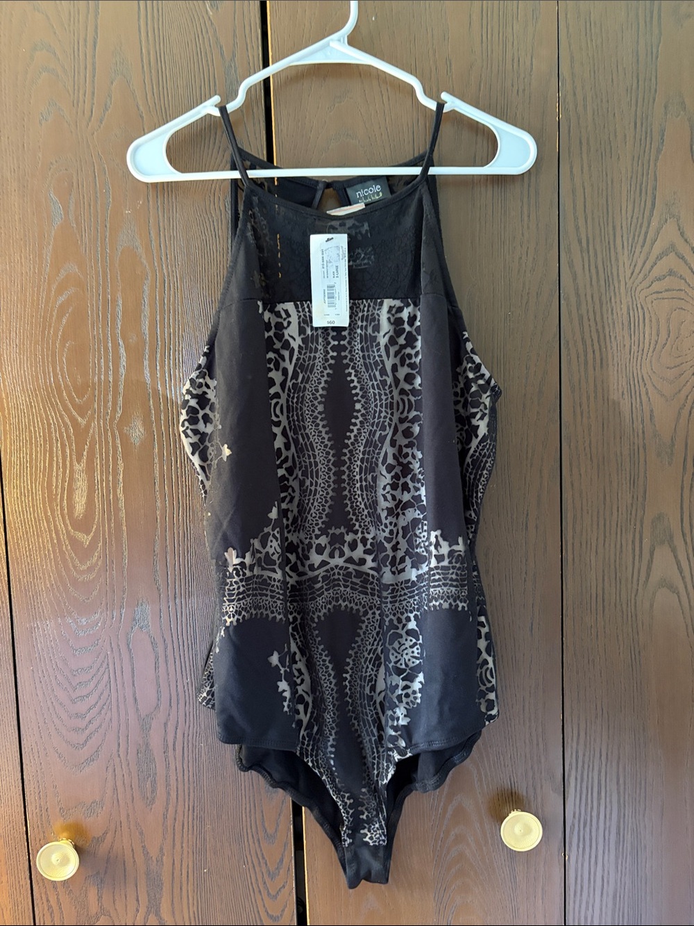 Nicole Miller Black and Cream Patterned Halter bodysuit. Size XL. NWT.